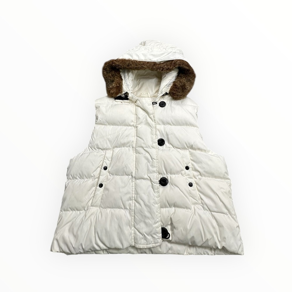 Gap Womens Down Puffer Vest‎ Off White Faux Fur Trim Hooded Large RN 54023